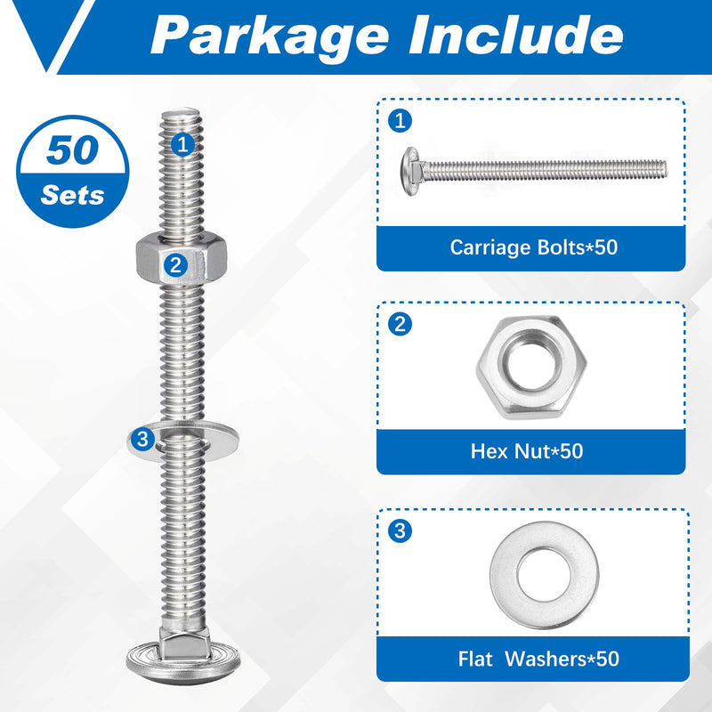 [Australia - AusPower] - Zonon 50 Sets 1/4-20 x 3 Stainless Steel Carriage Bolts and Nuts Kit Round Head Square Neck Carriage Bolts Screws and Hex Nuts and Flat Washers, Stainless 18-8 Full Thread Coverage (Silver) 1/4-20 x 3" Silver 