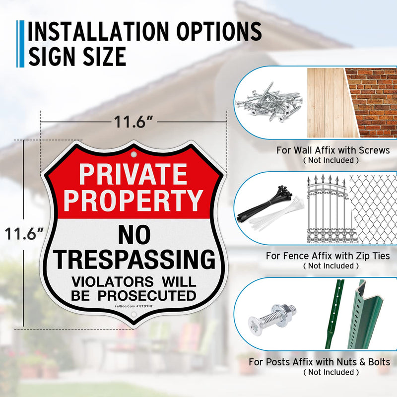 Faittoo Private Property No Trespassing Sign, Violators Will Be Prosecuted, 4-Pack 11.6 x 11.6 Inch Reflective Aluminum Warning Sign, Weather/Fade Resistant, Easy to Install, Durable Ink, Shield Shape Red - 4 Pack