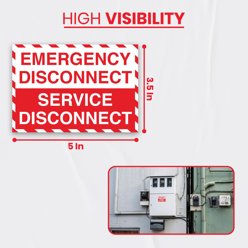 10 x Emergency Disconnect Service Disconnect Signs | 5 x 3.5 Inch Vinyl Emergency Shut Off Warning Stickers for Electrical Panels | Self-Adhesive Electric Danger Labels Notice for Business, Shops, Warehouses, Construction Sites