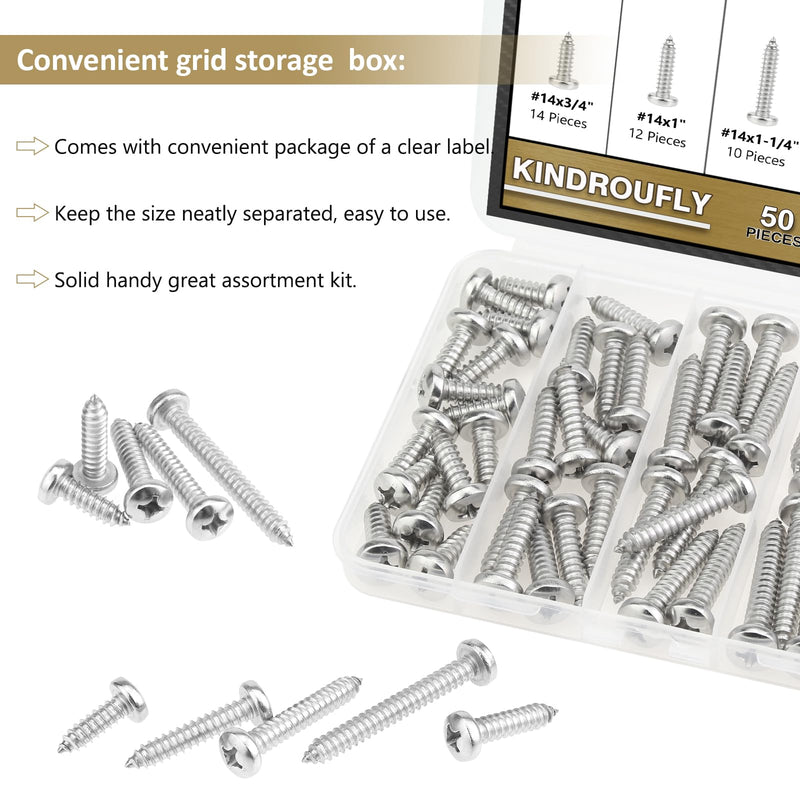 [Australia - AusPower] - 50 Pieces #14 x 3/4" 1" 1-1/4" 1-1/2" 2" Phillips Pan Head Self-Tapping Screws, Wood Screws Assortment Kit, 304 Stainless Steel 