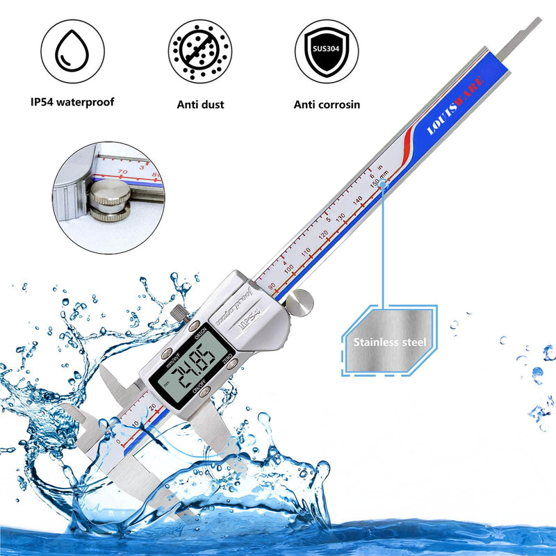 [Australia - AusPower] - Digital Caliper Measuring Tool, IP54 Waterproof Electronic Digital Micrometer Caliper, Stainlee Steel Vernier Caliper with Large LCD Screen, Inch Metric Conversion, 6 Inch for Household/DIY MBF4-1 