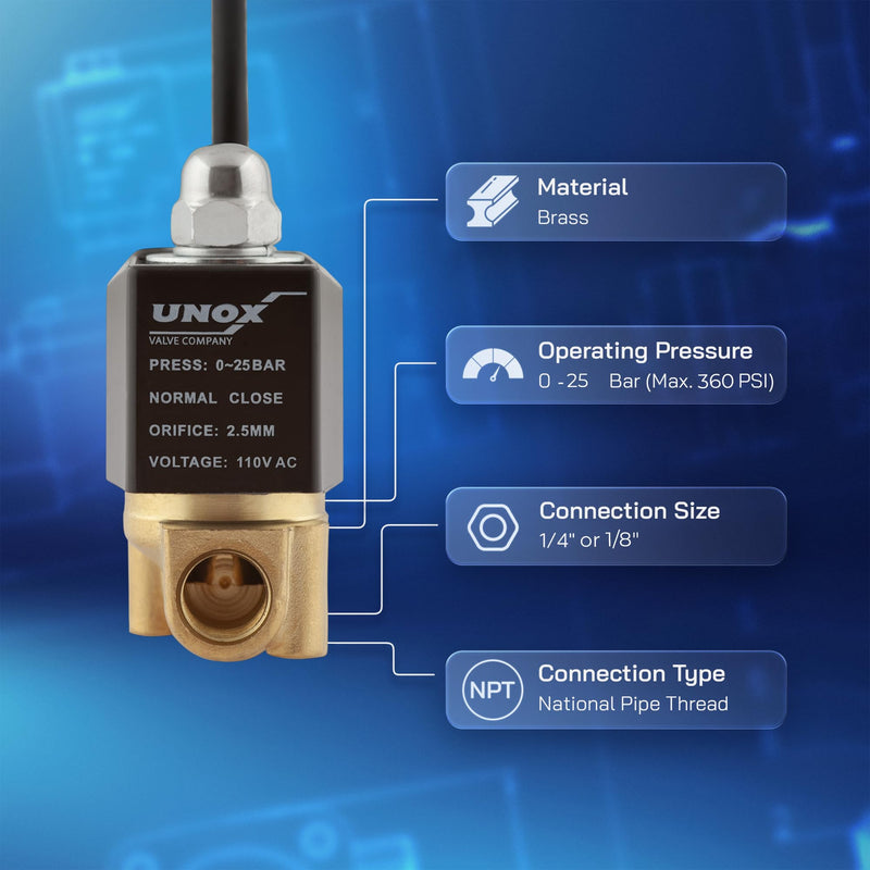 UNOX 1/4 Inch NPT Brass Electric Solenoid Valve 110V AC with 6 ft Cable, 3 Wire Connection, 1/8" Converter Included, Normally Closed, Pressure 0-363 PSI (0–25 bar), Water, Air