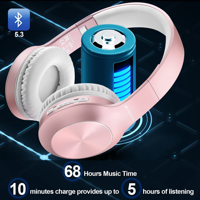 [Australia - AusPower] - Bluetooth Headphones Over Ear, 68H Playtime and 3 EQ Music Modes Wireless Headphones with Microphone/Deep Bass, HiFi Stereo Foldable Lightweight Headset for PC Home Travel Office (Rose Gold) Rose 