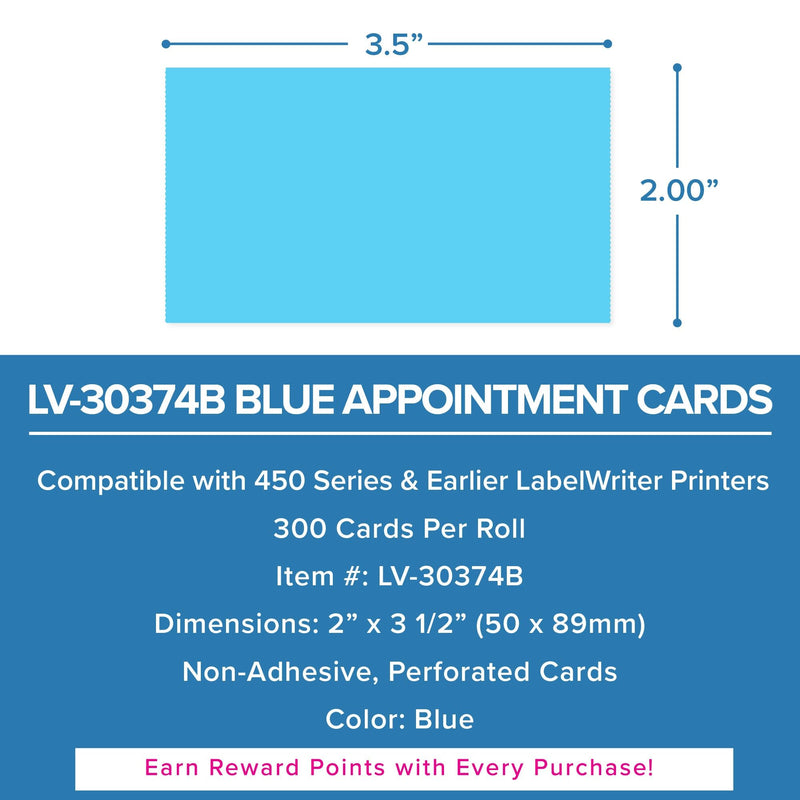 LabelValue LV-30374B Blue Appointment Cards - 2" x 3-1/2" - 300 Cards/Roll, Non-Adhesive - Compatible with DYMO LabelWriter 450 Series and Earlier Printers