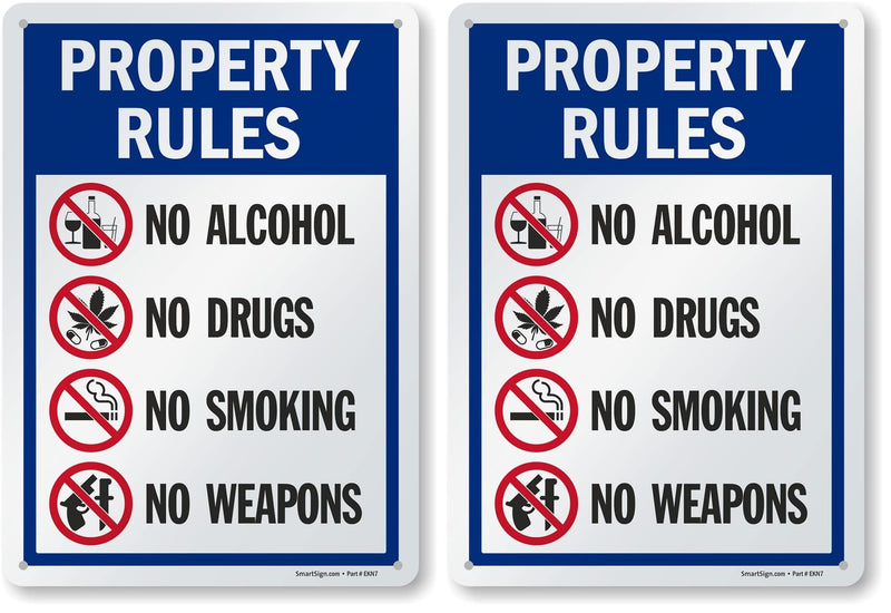 SmartSign 14 x 10 inch “Property Rules - No Alcohol, No Drugs, No Smoking, No Weapons” Metal Sign, 40 mil Laminated Rustproof Aluminum, Multicolor, Made in USA (Pack of 2) 14x10 inches (Pack of 2)