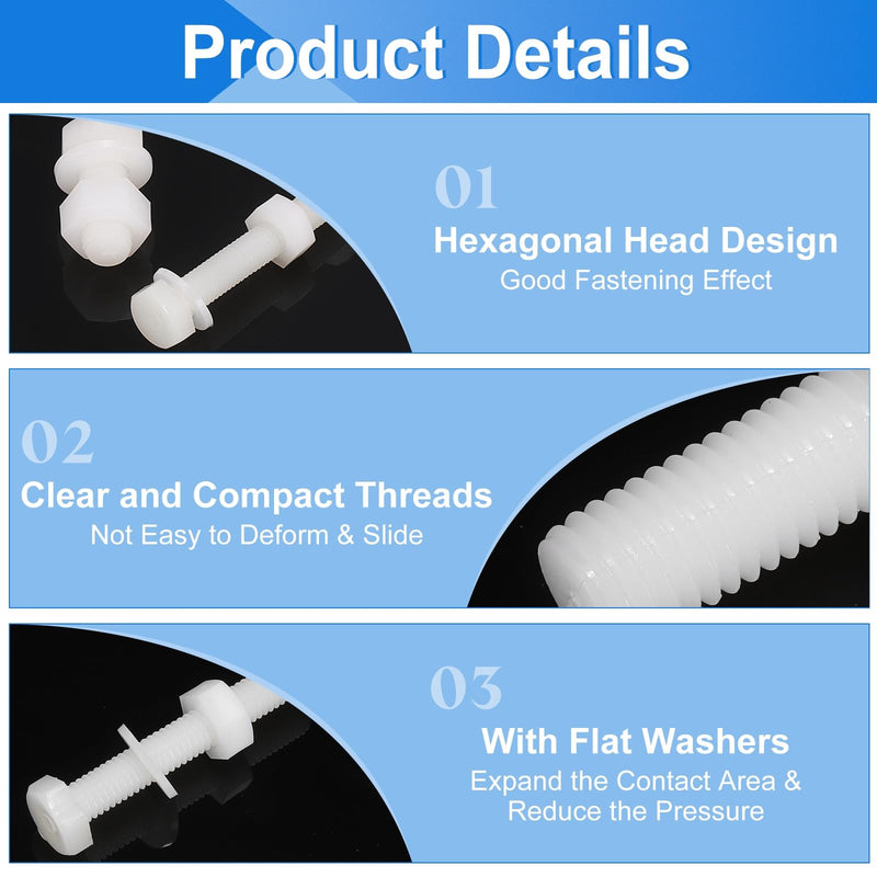 [Australia - AusPower] - uxcell 300 Pcs/100 Sets Nylon Hex Bolts, M6 x 60mm Plastic Full Threaded Hex Head Screws Bolts and Nuts with Flat Washers for Machinery Electronics Industrial Accessories, White 