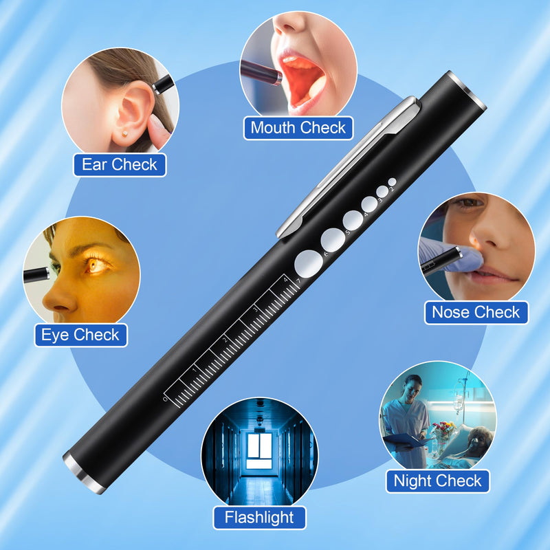 [Australia - AusPower] - Enhon 6 Pack Nurse Tools Set, 2 Rechargeable LED Pen lights with Two Sources and Pupil Gauge, One 6'' Trauma Bandage Shear and 3 Mini Highlighter Nurse Pen for Nurse, Nursing Student, Doctor (Black) Black 
