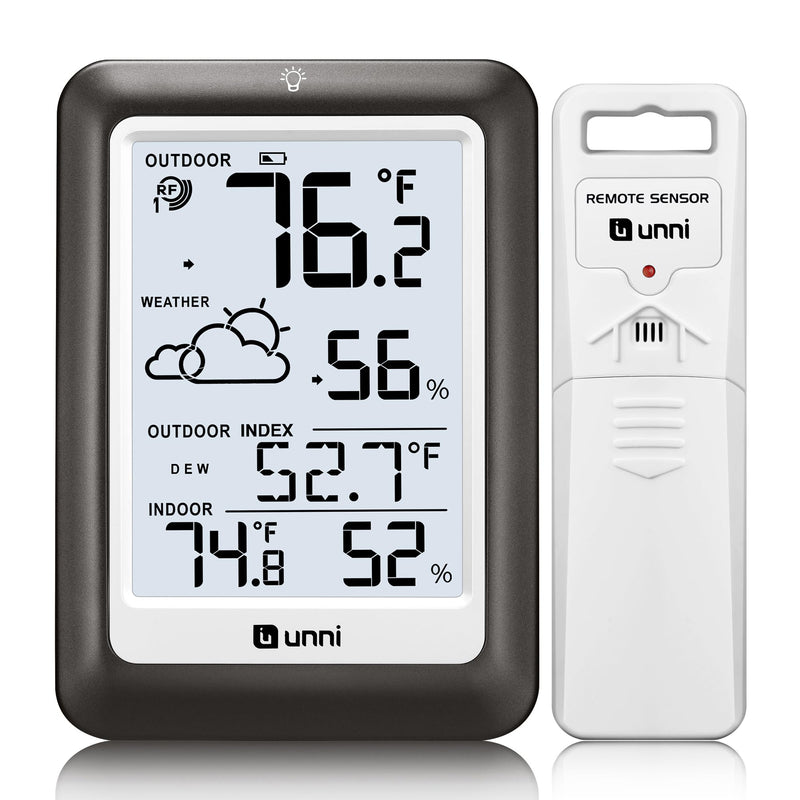 Indoor Outdoor Thermometer Wireless Weather Station, Temperature Humidity Monitor Battery Powered Inside Outside Thermometers with 330ft Range Remote Sensor and Backlight Display（Metal Black） Metal Black