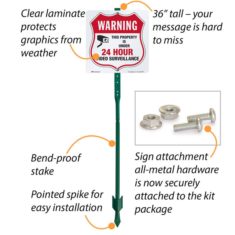 SmartSign 10" x 10" 'Warning - This Property Is Under 24 Hour Video Surveillance' Yard Sign with 3 ft Stake, 40 mil Aluminum 3M Laminated Engineer Grade Reflective, Red/Black/White 10" x 10" Reflective Aluminum Sign with 3' Stake