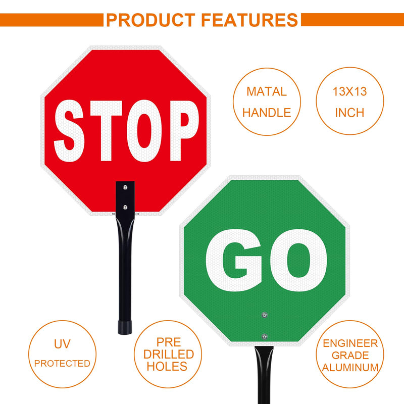 Stop Go Sign with Handle, 13"x13" Aluminum Stop- Go Handheld Traffic Sign- Reflective Double Sided- Fade Resistant- Waterproof Design- Easy to Mount - 2 Pack STOP&GO-2 Pack