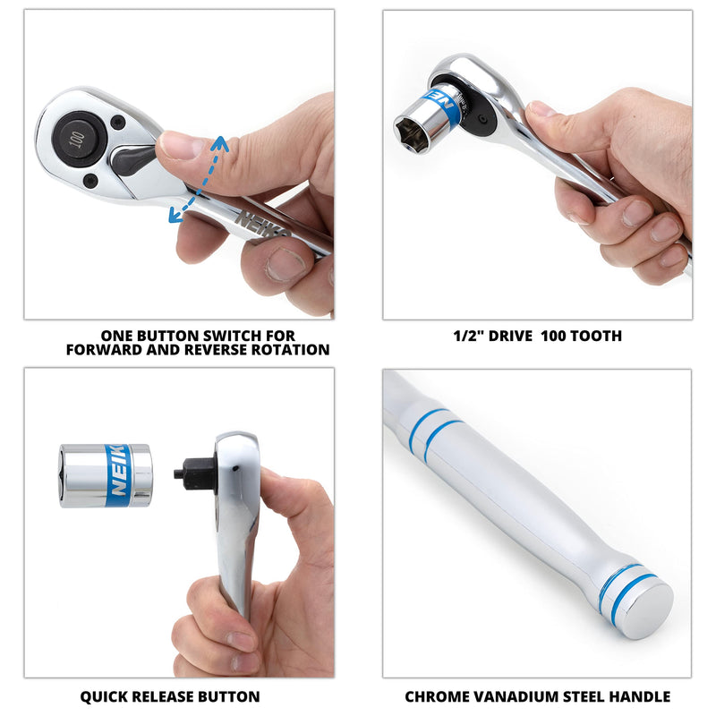 [Australia - AusPower] - Neiko 03117A 1/2 Inch Ratchet Wrench, 100-Tooth Reversible Ratchet, 3.6 Degree, Quick Release 1/2 Drive Ratchet, 10" Long Handle Ratchet, Oval Head Socket Wrench, CR-V Steel Half Inch Rachet Wrench 1/2" Drive 10" Length, 100-Tooth 