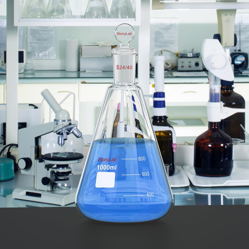 stonylab Glass 24/40 Erlenmeyer Flask with Stopper, 1000 ml Borosilicate Glass Heavy Wall Flask with 24/40 Standard Taper Outer Joint and Glass Stopper