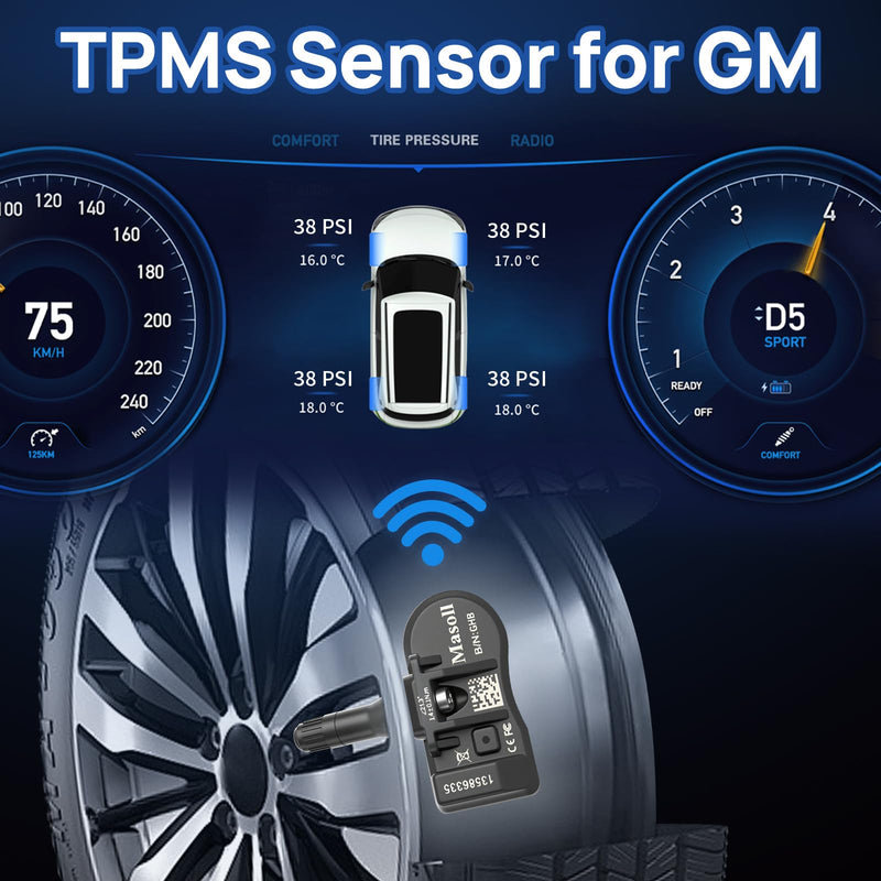 [Australia - AusPower] - Masoll TPMS Sensor for GM, Tire Pressure Sensor for Chevy Silverado Buick Cadillac GMC, 2026 New Upgrade Tire Pressure Monitoring Sensor 4-Pack, Dual-Antenna Design Tire Sensor 4 Sensors 