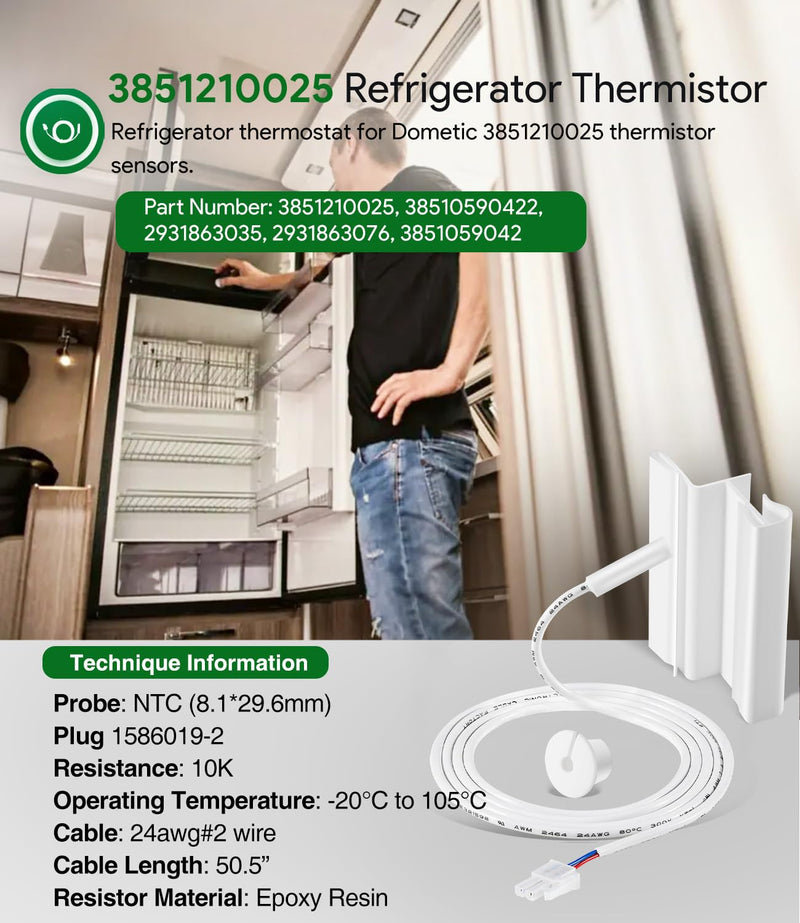 [Australia - AusPower] - 3851210025 Replacement for Dometic Thermistor Kit, RV Refrigerator Thermostat Sensor for RM Series W 2 Wire Thermistor RM1350 2351 2354 2410 2620 2652 2852 2862 3807, 38510590422 