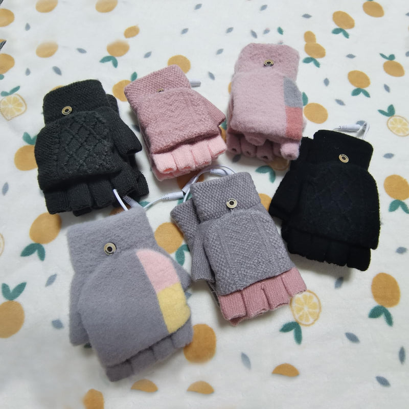 [Australia - AusPower] - Women's & Men's USB Heated Gloves Mitten Full & Half Fingerless Winter Hands Warmer Laptop Gloves Colorful Grey 