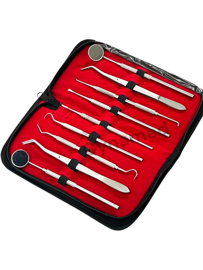 [Australia - AusPower] - GERMAN Dental Hygiene Kit 9 Piece Dentist Tools Anti Fog Mirror Dental Scaler Tarter Scraper Dental Pick Dental Tweezers for Calculus and Tartar Removal Gum Health Teeth Cleaning 