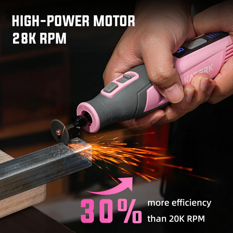 Katerk Cordless Rotary Tool, 4000mAh Battery, 6-Speed, 28000RPM, Rotary Tool Kit with 70 Accessories Light duty Engraving Pen for Sanding, Polishing, Drilling, Etching, Grinding, Wood Carving Pink