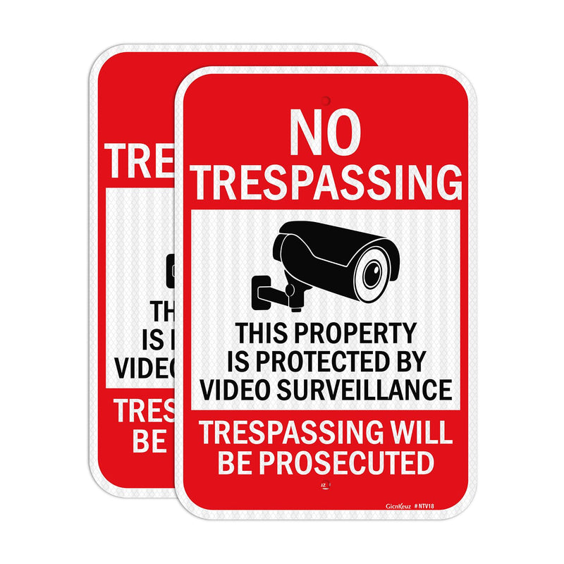 GicnKeuz Large Video Surveillance Signs, 18x12 Inches No Trespassing Sign Private Property Sign,Engineer Grade Reflective Aluminum, Fade Resistant,Indoor or Outdoor Use (2-Pack) Red 2 PACK