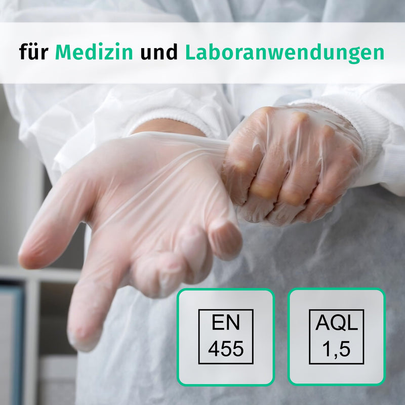 Vinyl Gloves Box of 100, Disposable Examination Gloves, Powder-Free Vinyl Gloves, Latex-Free, Non-Sterile, Medium, Transparent | Latexfreie Einweghandschuhe für Pflege, Untersuchung, Reinigung, Küche, Kosmetik und Haushalt; für Gewerbe und Alltag