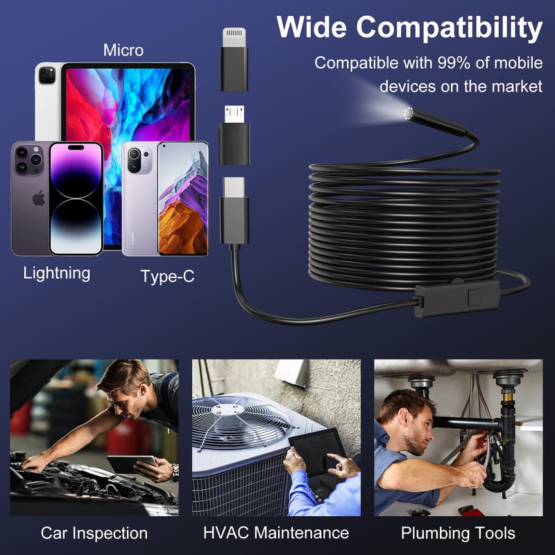 Endoscope Camera with Light, 1920P HD Borescope Inspection Camera with 8 Adjustable LEDs, IP67 Waterproof Semi-Rigid Snake Cable for Android, iPhone, and iPad(16.4ft, Single Lens) 16.4ft