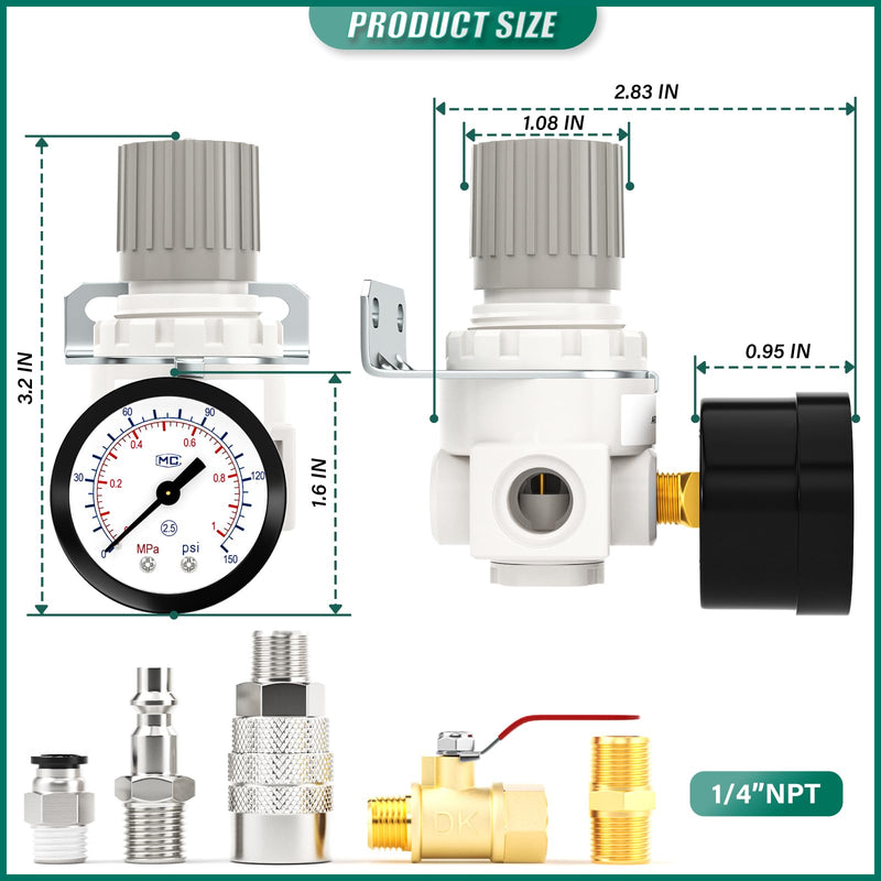 [Australia - AusPower] - 1/4" NPT Air Compressor Regulator, with 0-150 PSI Gauge, AR2000 Air Gauge Regulator Inline for Air Compressor and Pneumatic Tools 1/4" NPT (AR2000) 