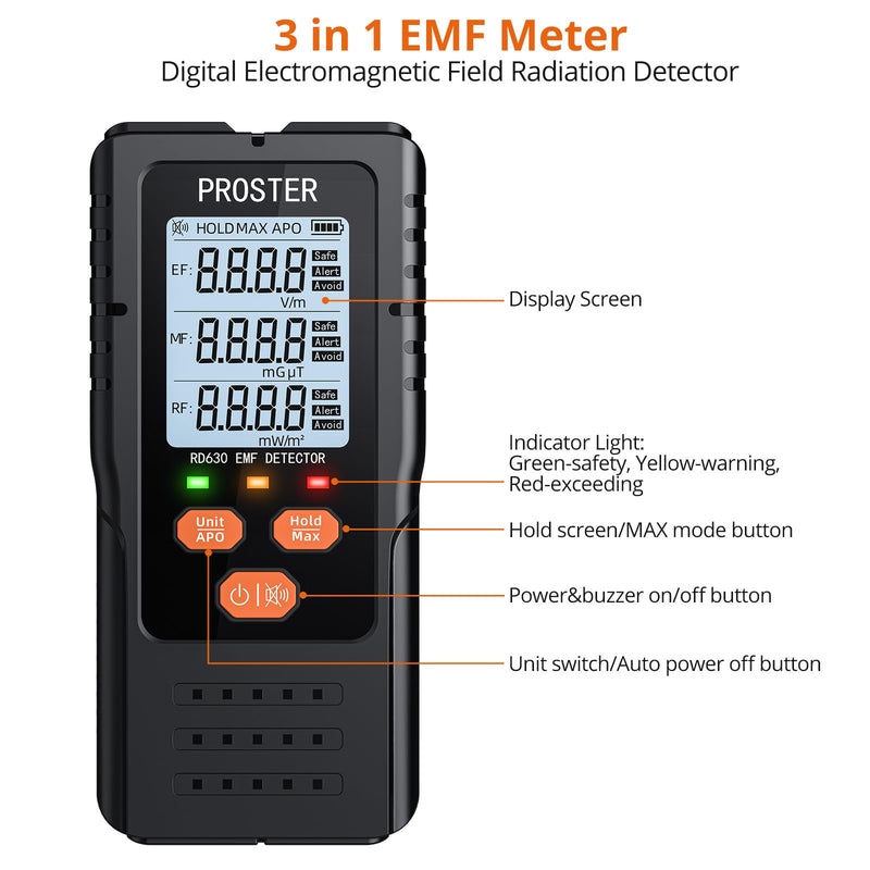 [Australia - AusPower] - Proster EMF Meter, 3in1 Digital Electromagnetic Field Radiation Detector for EF RF MF,5G Cell Tower, WiFi Signal Detector, for Home&Office EMF Inspections, and Ghost Hunting 