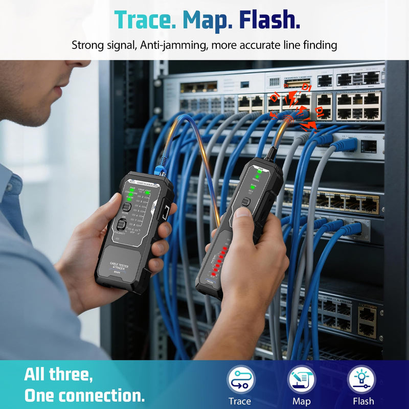 Network Cable Tester, RJ45 RJ11 Wire Tracer & Ethernet Tester, CAT5 CAT6 CAT6a CAT7 UTP STP, PoE NCV Crimp Test, 9-Wire Shield, Polarity, Line Finder for LAN Cable Maintenance