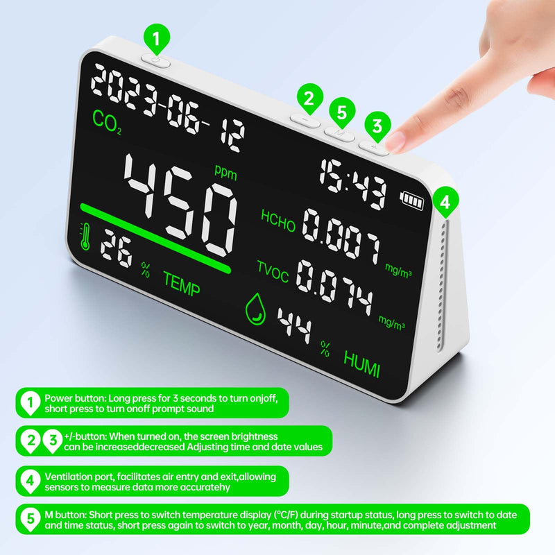 [Australia - AusPower] - 7-in-1 Air Quality Monitor, Indoor Humidity Monitor, Temperature, CO2, TVOC, HCHO, Time, Date Display Desktop Air Quality Tester, Air Quality Meters for Home Office Hotel Restaurant School 