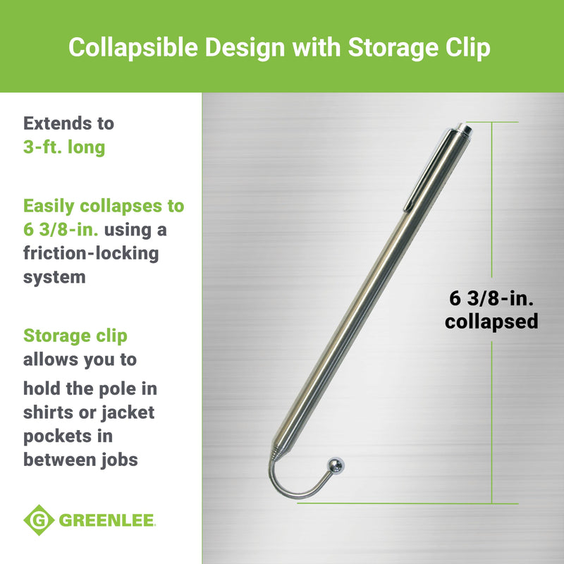 [Australia - AusPower] - Greenlee FP3 3' Collapsible Wire Reacher Fish Pole with Storage Clip, Stainless Steel 