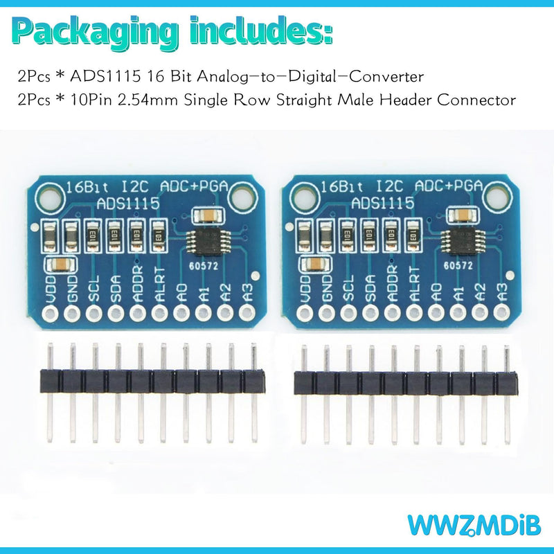 [Australia - AusPower] - 2Pcs ADS1115 16 Bit 16 Byte 4 Channel I2C IIC Analog-to-Digital ADC PGA Converter for Arduino Raspberry Pi DIY and Other Experiments 