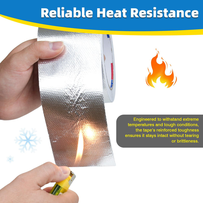 Aluminum Foil Heat Shield Tape 4in x 66ft, Self-Adhesive Heat Reflective Heat Resistant High Temperature Fiberglass Tear-Proof HVAC Silver Duct Tape for Ductwork, Dryer Vent & Insulation 4inx66ft
