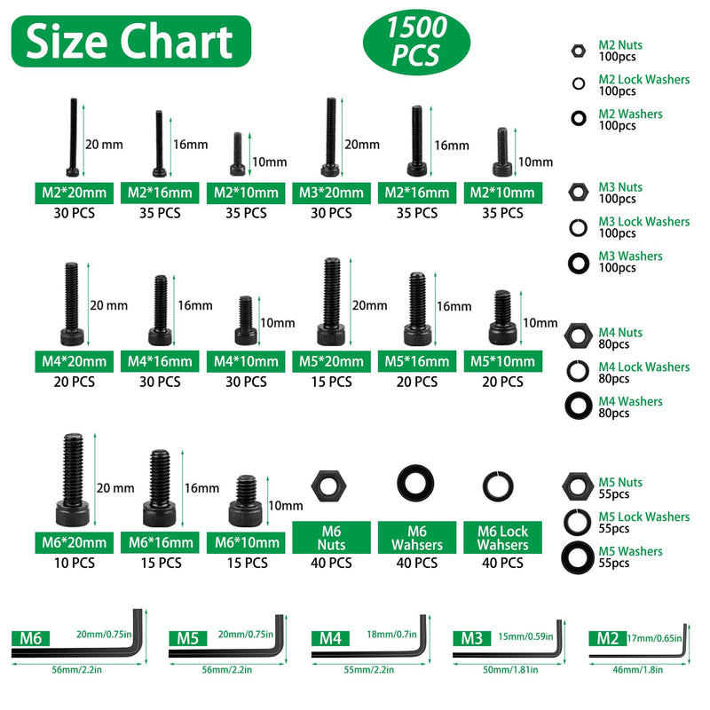 [Australia - AusPower] - 260 Pieces Phillips Pan Head Self-Tapping Screws, Wood Screws Assortment Kit, Black Carbon Steel, M3/M4/M5/M6 and 1500PCS M2 M3 M4 M5 M6 Hex Socket Head Cap Metric Bolts and Nuts Kit 