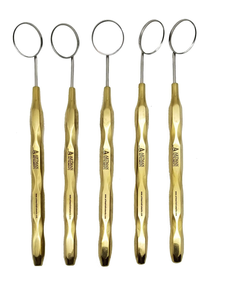 [Australia - AusPower] - Dental Mirror Stainless Steel with Gold Plated Handle, Set of 5 Dental Mirrors Front Surface Rhodium Plasma Coated European Style Threading by ARTMAN Brand 