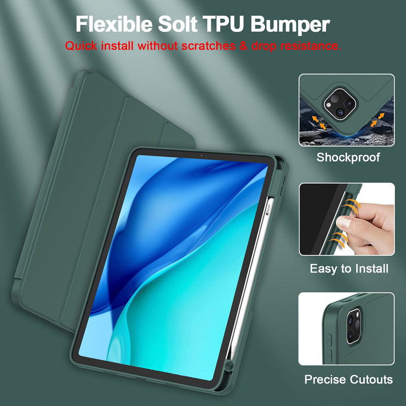 [Australia - AusPower] - ZryXal New iPad Pro 11 Inch Case 2022(4th Gen)/2021(3rd Gen)/2020(2nd Gen) with Pencil Holder, Smart iPad Case [Support Touch ID and Auto Wake/Sleep] with Auto 2nd Gen Pencil Charging (Midnight Green) Midnight Green 