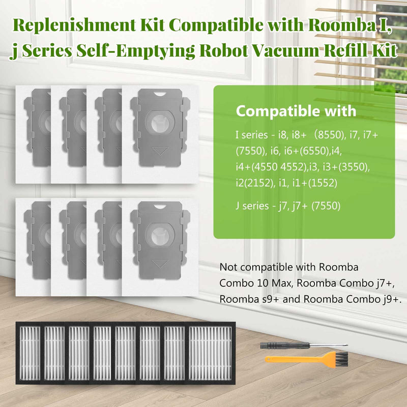 [Australia - AusPower] - Replacement Parts for iRobot Roomba i2 i3 i3+ i4 i4+ i6 i6+ i7 i7+ i8 i8+/Plus E5 E6 E7, Robot Vacuum Accessories, 2 Set Roller Brush 8 Filters 8 Side Brushes 8 Vacuum Bags E/I/J Series Replacement Parts - Green 