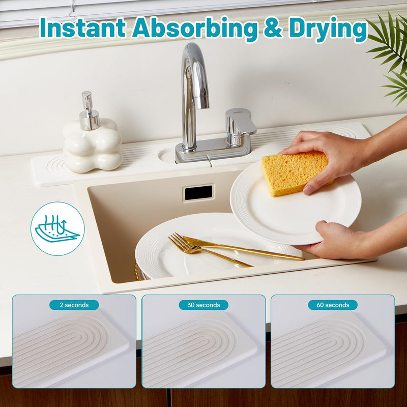 Stone Faucet Mat for Kitchen Sink with Oval Hole – 23.6" × 3.9" Diatomite Drying Stone Mat & Sink Protector, Quick-Dry Splash Guard Water-Absorbing Tray for Bathroom Counter（White.23.6 x 3.9） White