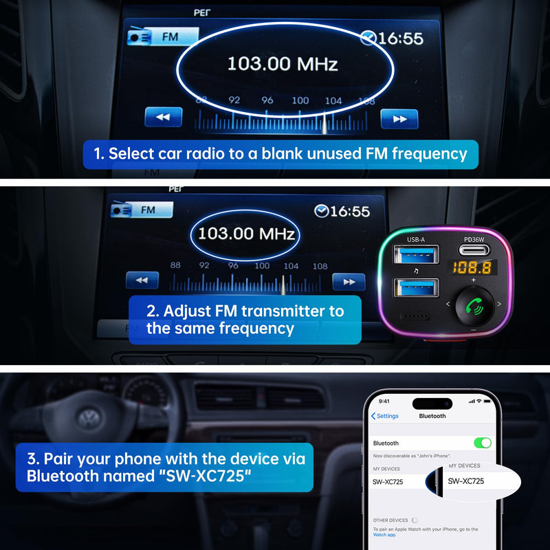 [Australia - AusPower] - Syncwire Bluetooth 5.3 FM Transmitter Car Adapter 48W (PD 36W & 12W) [Light Switch] [HiFi Bass Sound] [Fast Charging] Wireless Radio Music Adapter LED Display Hands-Free Calling Support USB Drive Black 