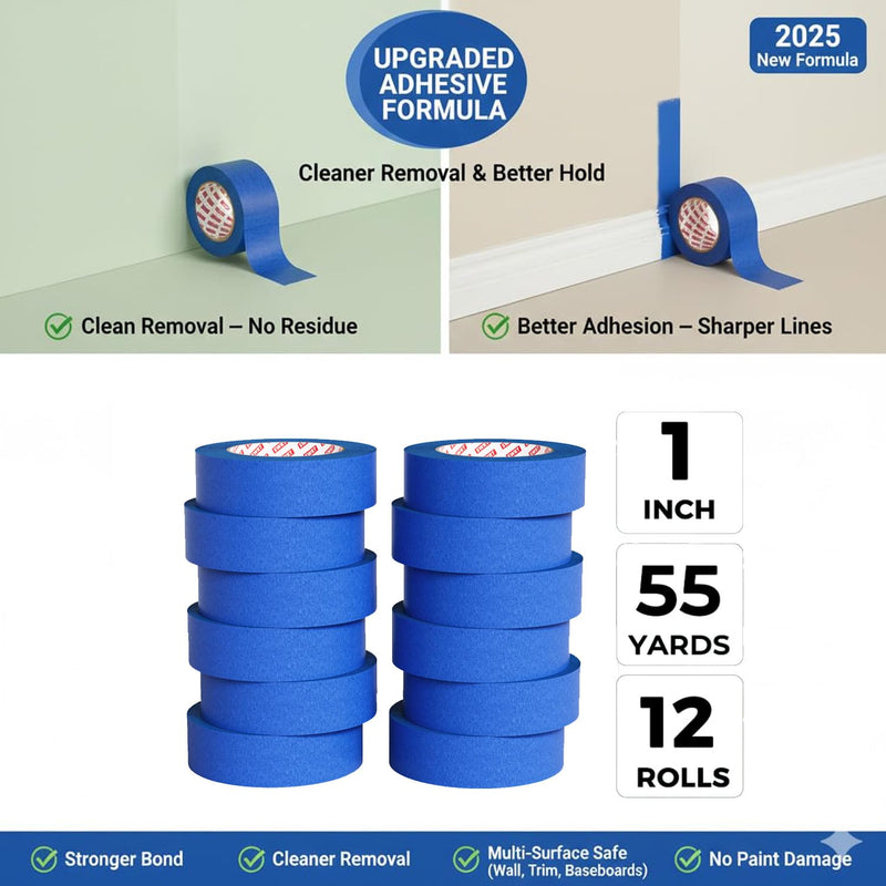 SWRT Blue Painters Tape 1 Inch x 55 Yards, 12 Rolls (660 Yards) – Sharp Clean Paint Lines, No-Residue Painters Tape for Walls, Trim & Baseboards, Easy Removal Masking Tape for Home Projects 1 Inch x 55 Yards x 12 Rolls