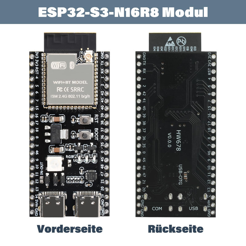 Heemol For ESP32 S3 N16R8 DevKitC-1 Modules, for ESP32 S3 Development Boards with WiFi, Bluetooth 5.0 for Arduino, USB C Connectable Pin Headers Not Soldered - Pack of 2