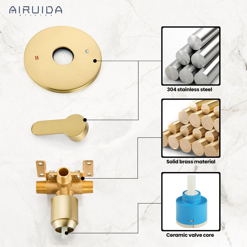 Airuida Round Single-Function Shower Handle Valve Trim Kit Shower Valves Wall Mount Brass Faucet Shower Rough-in Valve Bathroom Trim Kit Single Handle Tub Shower Valve Male Thread Brushed Gold
