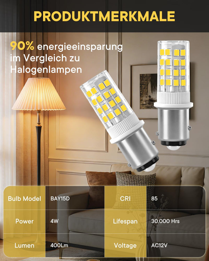 180°Bayonet Double Contact LED Lamp Height Offset Pins BA-Y15D- 4W (40W Equivalent) 400LM CRI85 - Life for Living Room, Kitchen & Garden, AC12V-DC12-24V (Cool White 6000K, Pack of 2) Cool White 6000k 2-pack