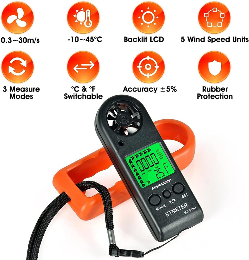 BTMETER Anemometer Handheld Wind Speed Meter, Mini Digital Air Flow Meter with LCD Backlight/Wind Chill & Temp, Max/Avg/Current Mode to Measure Air Flow Velocity for Kayaking Drone HVAC 816B-2pcs Red