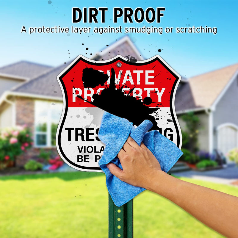 Faittoo Private Property No Trespassing Sign, Violators Will Be Prosecuted, 4-Pack 11.6 x 11.6 Inch Reflective Aluminum Warning Sign, Weather/Fade Resistant, Easy to Install, Durable Ink, Shield Shape Red - 4 Pack