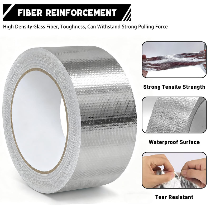 2" x 66 Ft Aluminum Foil Tape, 5.91 mil - Heavy Duty Heat Shield & Thermal Insulation Fiberglass Tape for HVAC Ductwork, Metal Ducts, Dryer Vents, AC Pipes, Exhaust Repair