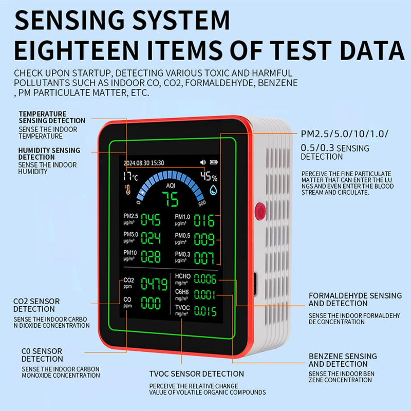 [Australia - AusPower] - Indoor Air Quality Monitor, 18 in 1 Professional Meter, Battery Powered, Data Storage, Tester for CO2 TVOC HCHO PM2.5 PM10 Temp Humid 