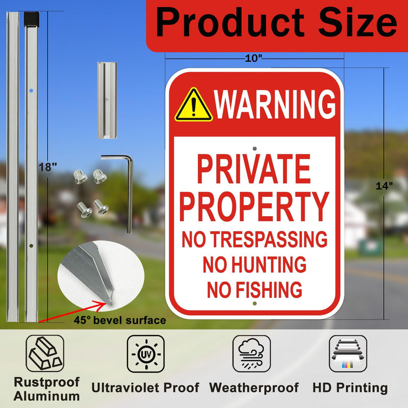 2 Pack Private Property No Trespassing Signs with 36" Metal Stakes, 10x14 Inches, Reflective Aluminum, No Hunting No Fishing Signs 2 Pack-10"x14" with 36" Stakes