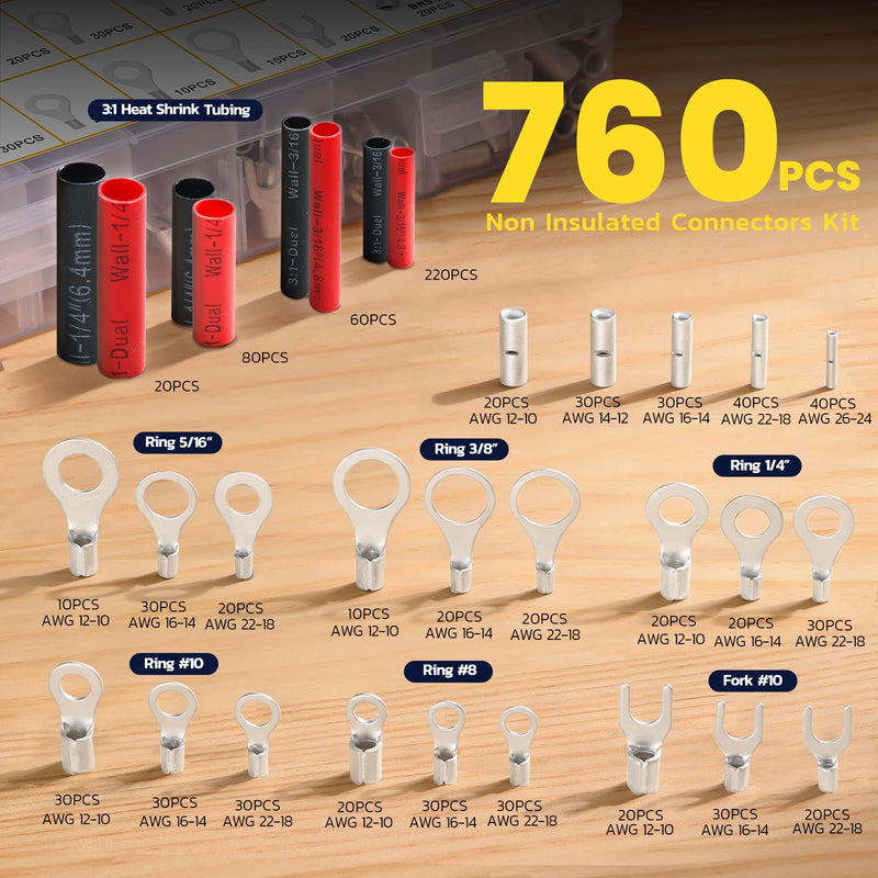haisstronica Non Insulated Wire Connectors Kit 760 PCS - AWG 26-10 Tinned Copper Electrical Crimp Terminals with 3:1 Heat Shrink Tubing for Automotive, Marine, Industrial Wiring