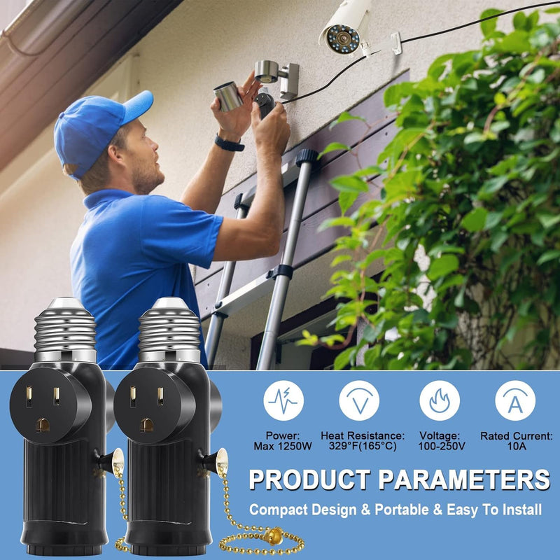 [Australia - AusPower] - Light Socket to Plug Adapter, Both Sides Support 3 Prong Light Socket Adapter, Professional Materials Light Bulb Outlet Socket Adapter with Switch Control, E26 E27 Light Bulb Socket Adapter - Black 1 