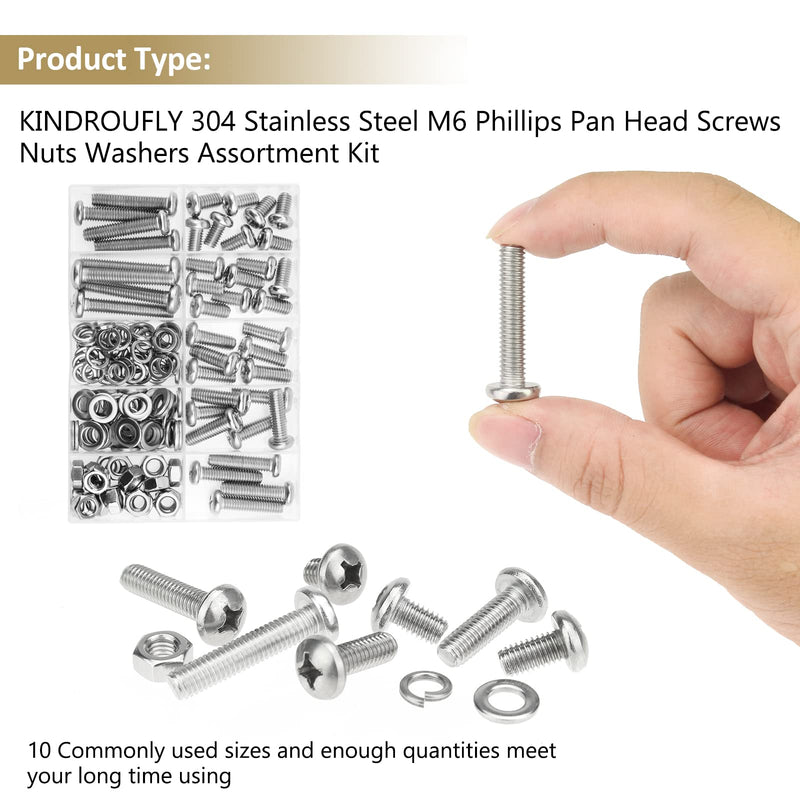 [Australia - AusPower] - 102 Pieces M6 x 10/12 /16/20 /25/30 /35mm Phillips Pan Head Machine Screws Nuts Washers Assortment Kit, 304 Stainless Steel, Fully Machine Thread 