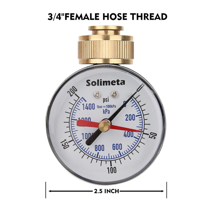 [Australia - AusPower] - Solimeta 2-1/2" Water Pressure Test Gauge, 0-200 psi/kpa, 3/4" Female Hose Thread, Peak Pressure Record 2-1/2 inch steel case with drag pointer 